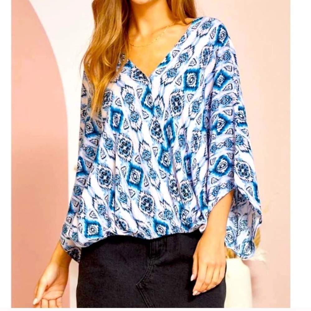 ANDREE BY UNIT Boho Slouchy Patterned Flowy Blouse Women's Size L Festival